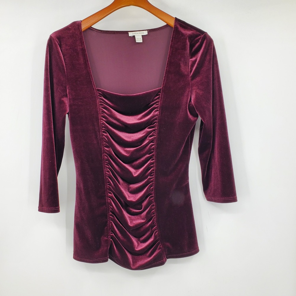 Boston Proper Burgundy Velvet Ruched Square Neck 3/4 Sleeve Top USA Whimsigoth
